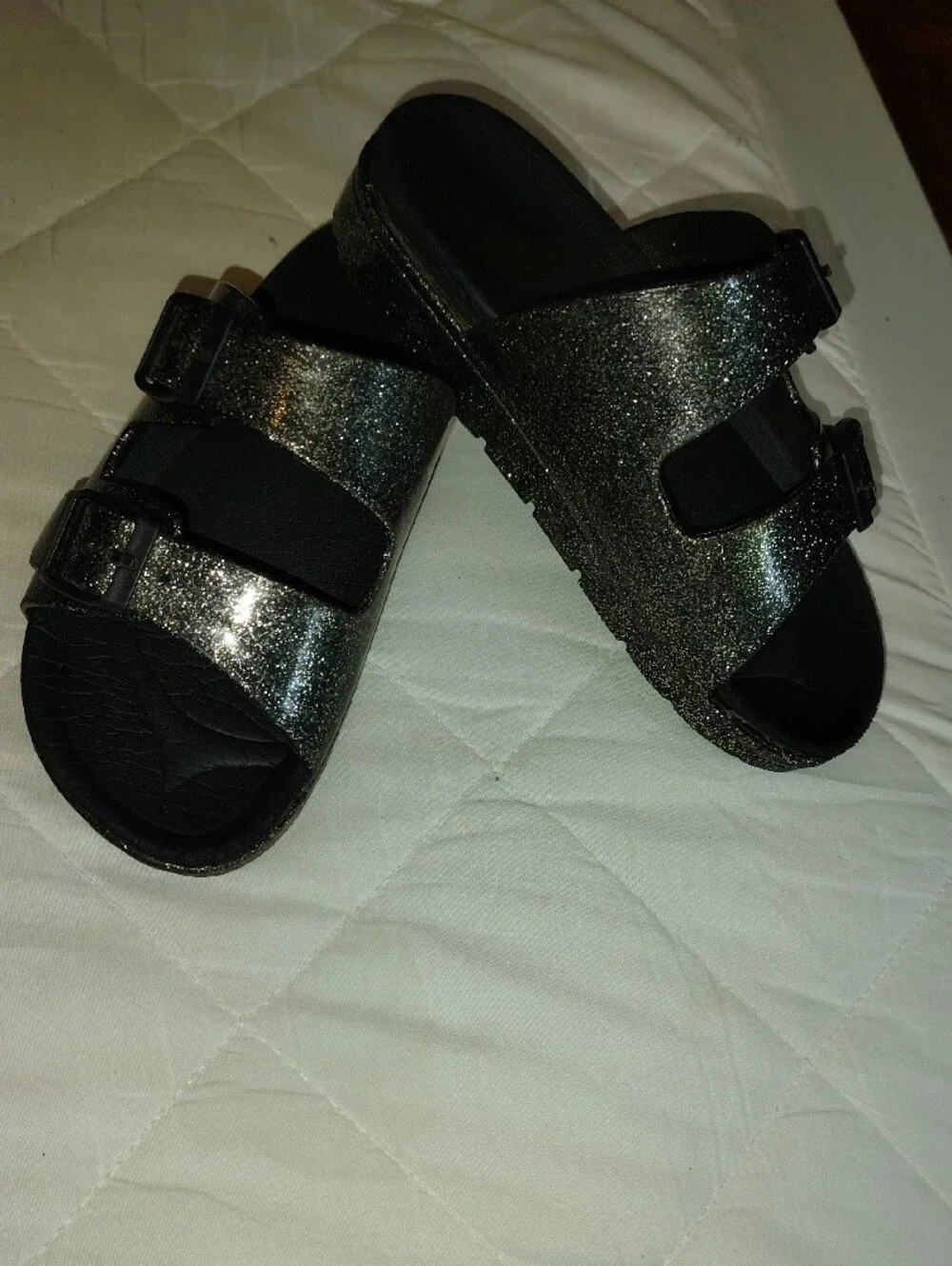 Kids Glitter Double-Buckle Slide Sandals - Black